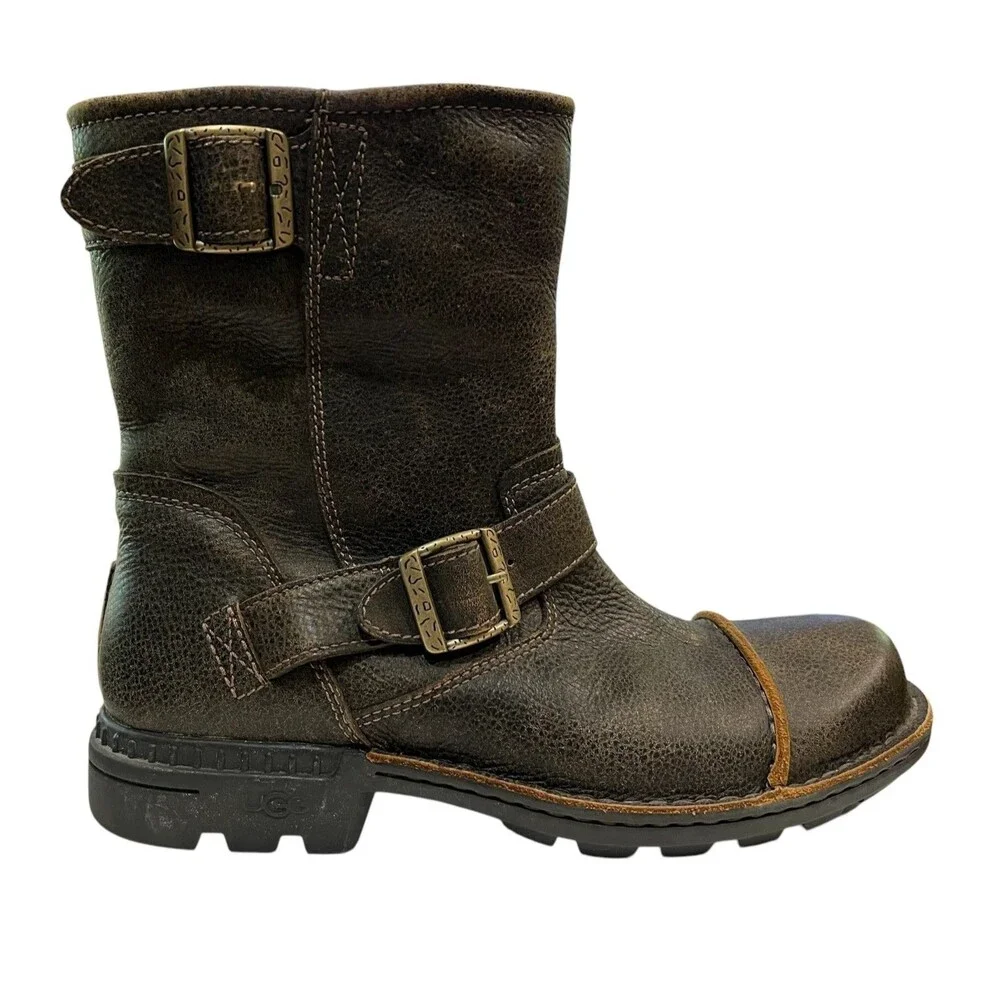 Ugg Mens Rockville II Distressed Brown Leather Moto Boot Shearling Lined  US 9.5